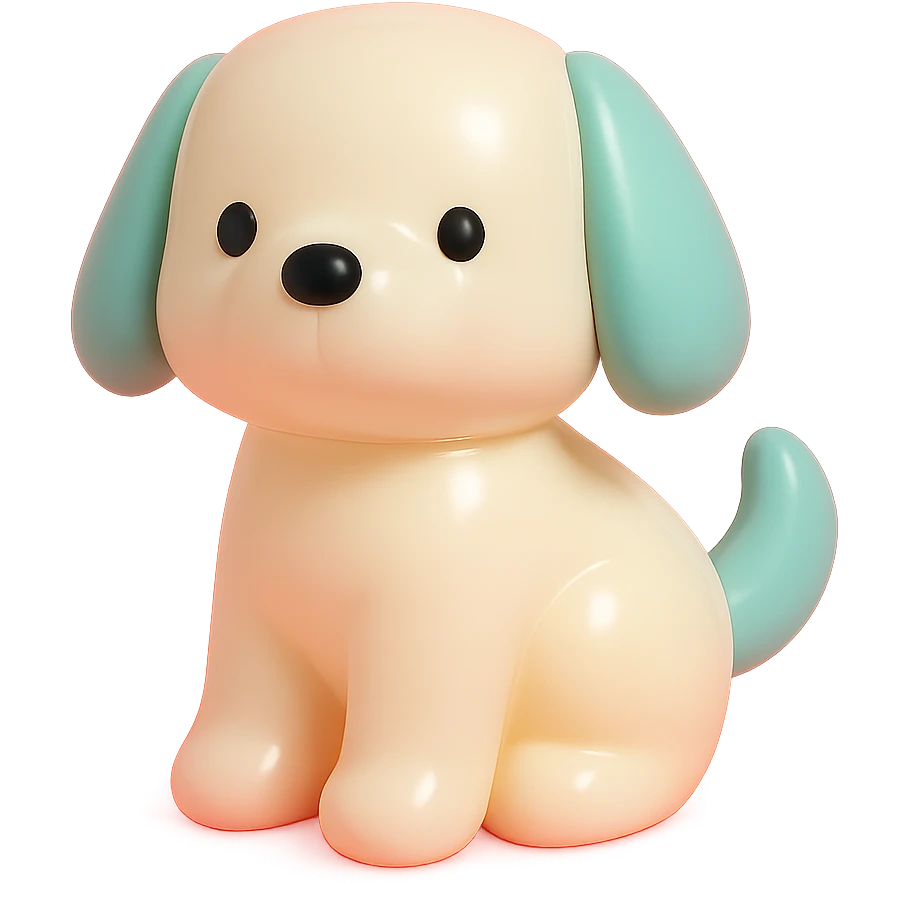               Transform {subject} into a soft vinyl figure with a smooth, glossy surface. The material should look slightly rubbery and tactile, with minimalistic curves and a matte-gloss hybrid finish. Use pastel or soft solid colors. The surface is seamless, with no visible textures or roughness. Studio lighting, vibrant background, clean, playful, designer toy aesthetic and no shadows. {subject} = dog emoji