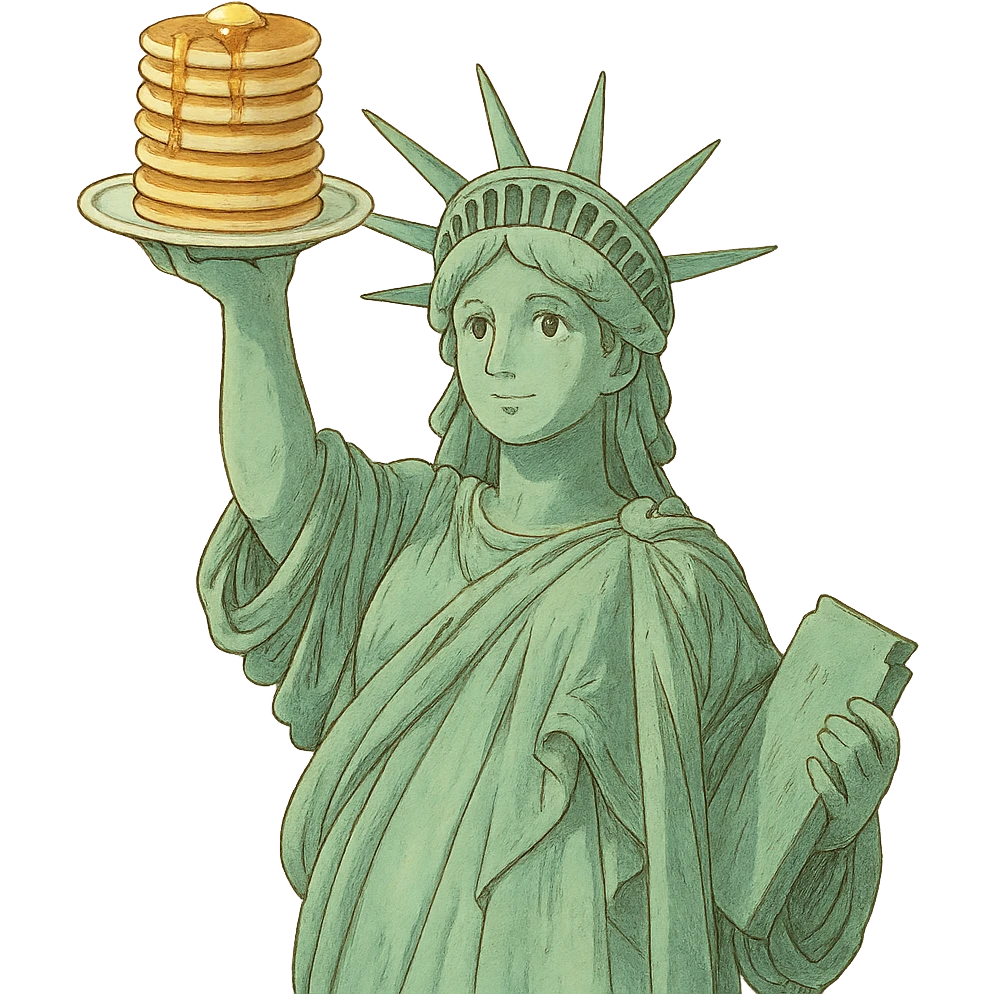 Statue of Liberty holding a stack of pancakes in ghibli style emoji