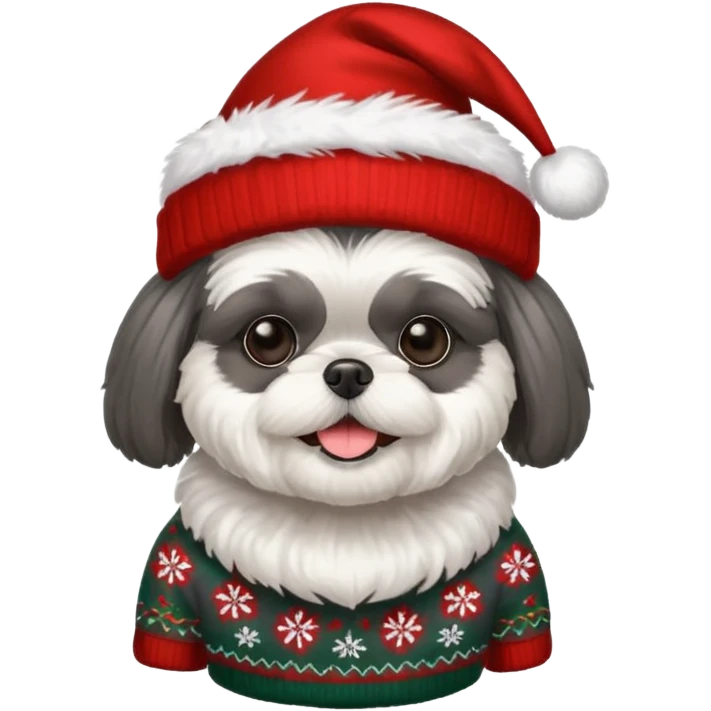 dark grey shih tzu christmas sweater and hat emoji