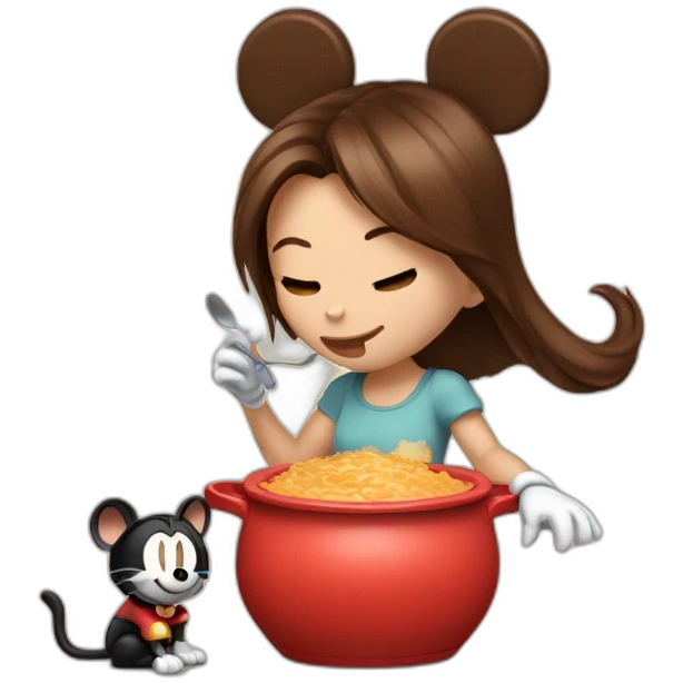 Woman medium brown half tail hair,eating A pot of spread,  with mickey mouse ears, near to a cat emoji