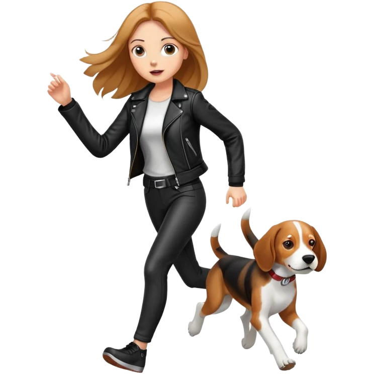 A beautiful tall girl with fair skin and long hair wearing a black leather jacket and black pants running with Beagle emoji
