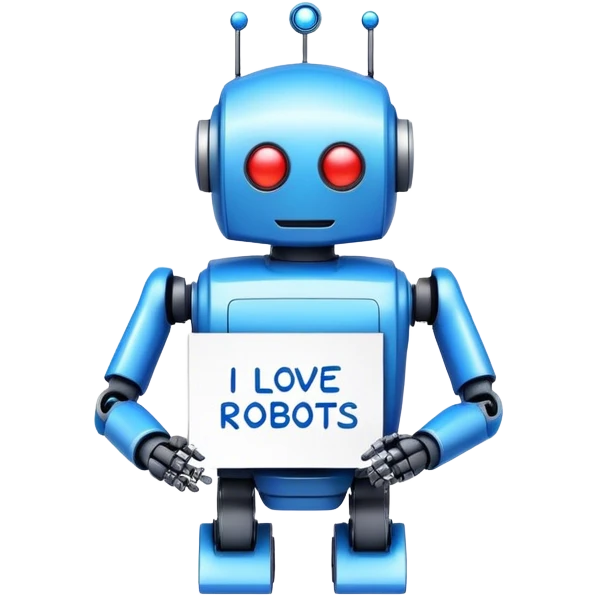 a note with "I love robots" text emoji