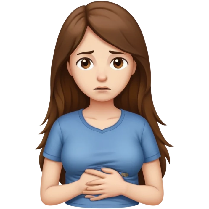 Sad women with long brown hair rubbing stomach with shirt on emoji