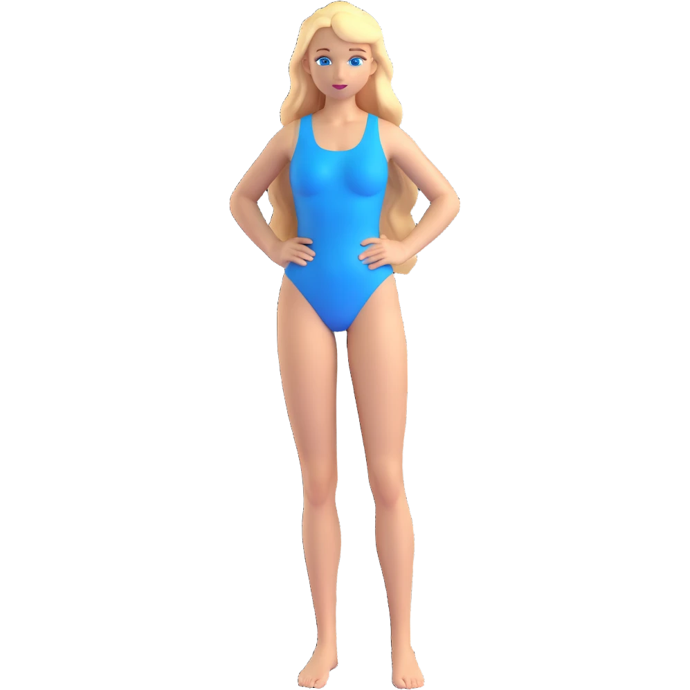 a woman in a one-piece swimsuit, long blonde hair, blue eyes, standing pose emoji
