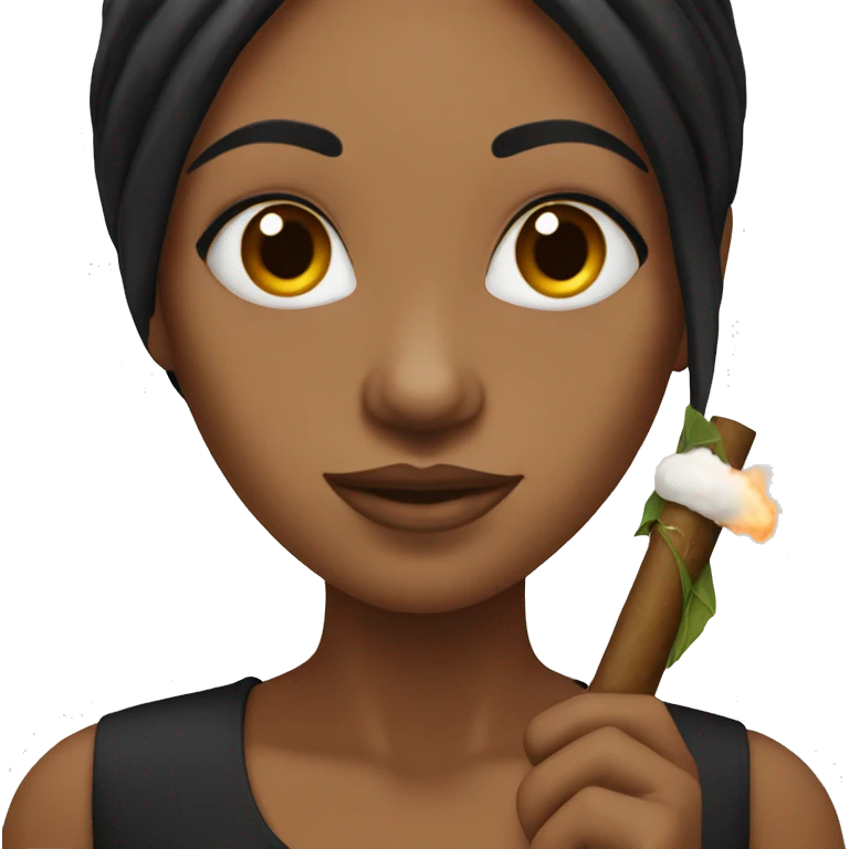 Brown skin woman with long black hair holding a joint emoji