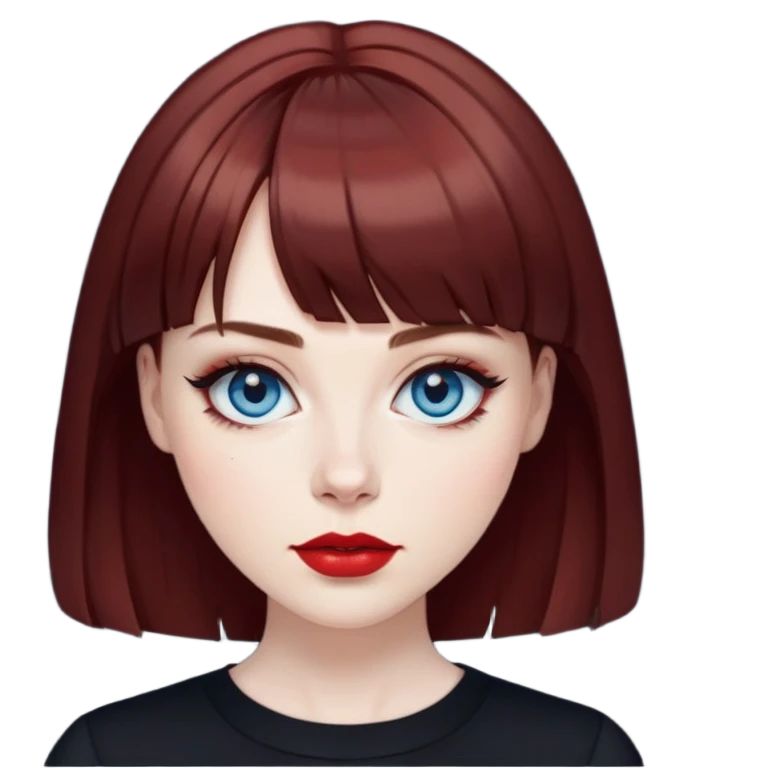 Woman in her early 50s with pale skin, wider face, blue eyes with eyeliner, thin eyebrows, red lipstick, dark auburn hair with bangs, wearing a black top emoji