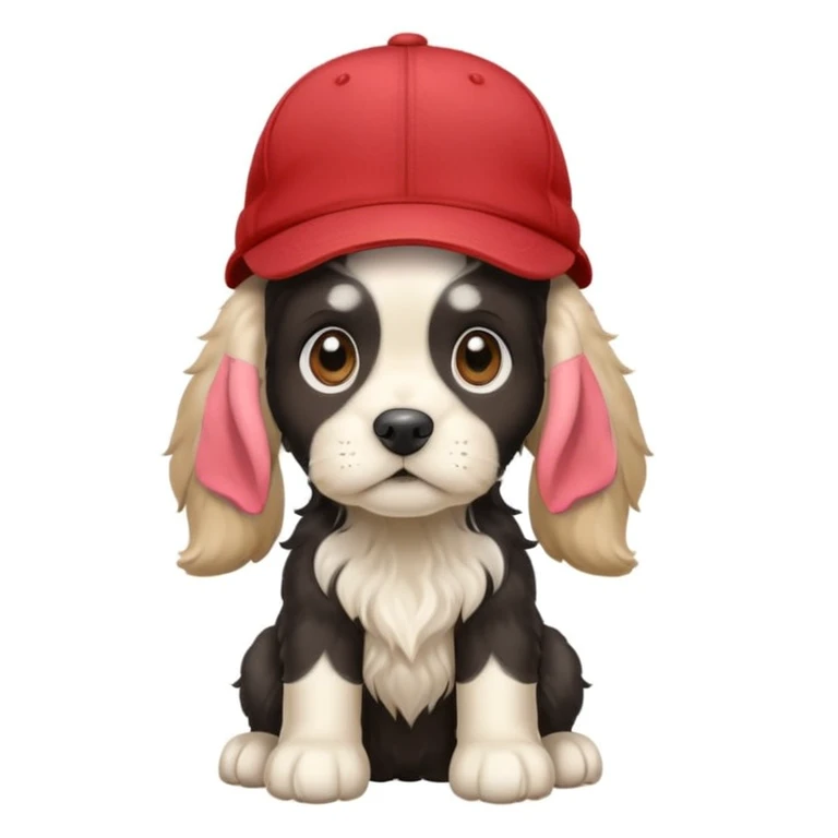 A black and white Russian Cocker Spaniel puppy wearing a cap, facing left emoji