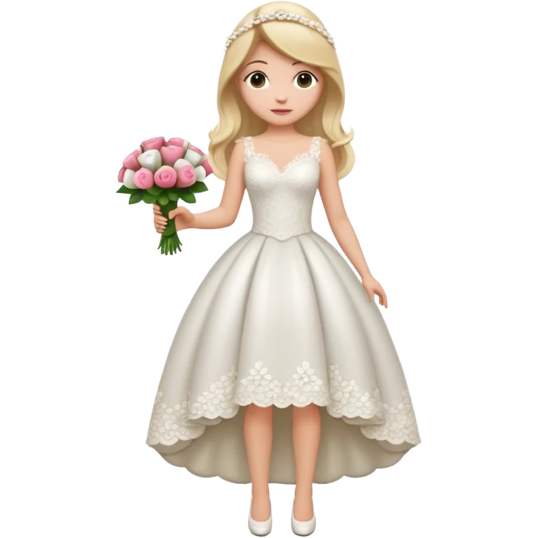Chica blanca, cabello rubio, recogido en moño alto con mechones, vestido novia , cuerpo entero, ramo de flores en una mano, cola trasera emoji