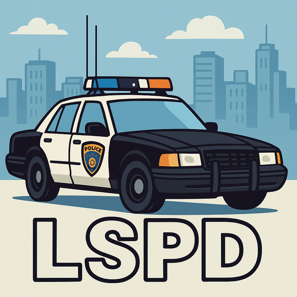 Make the police car black and white, add a city background, and add the caption 'LSPD' in a cartoon style. emoji