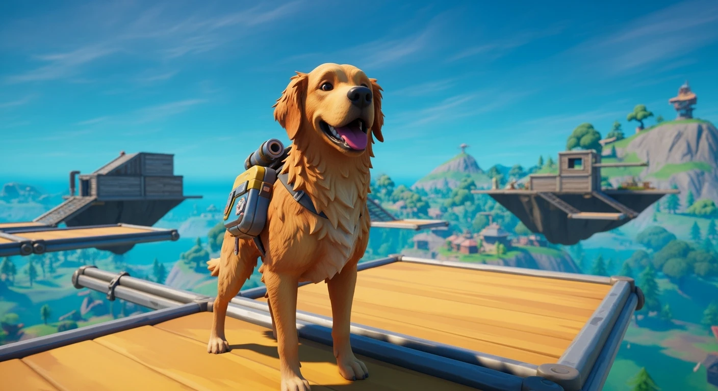 Cinematic still of a dog in fortnite game world emoji