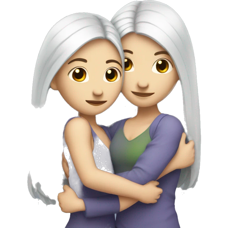 A lesbian couple with white skin and long black hair hugging intimately emoji