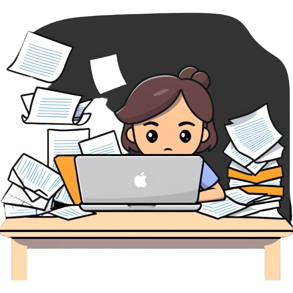 tired woman at a desk with a MacBook, surrounded by messy papers, emphasizing disorganization emoji