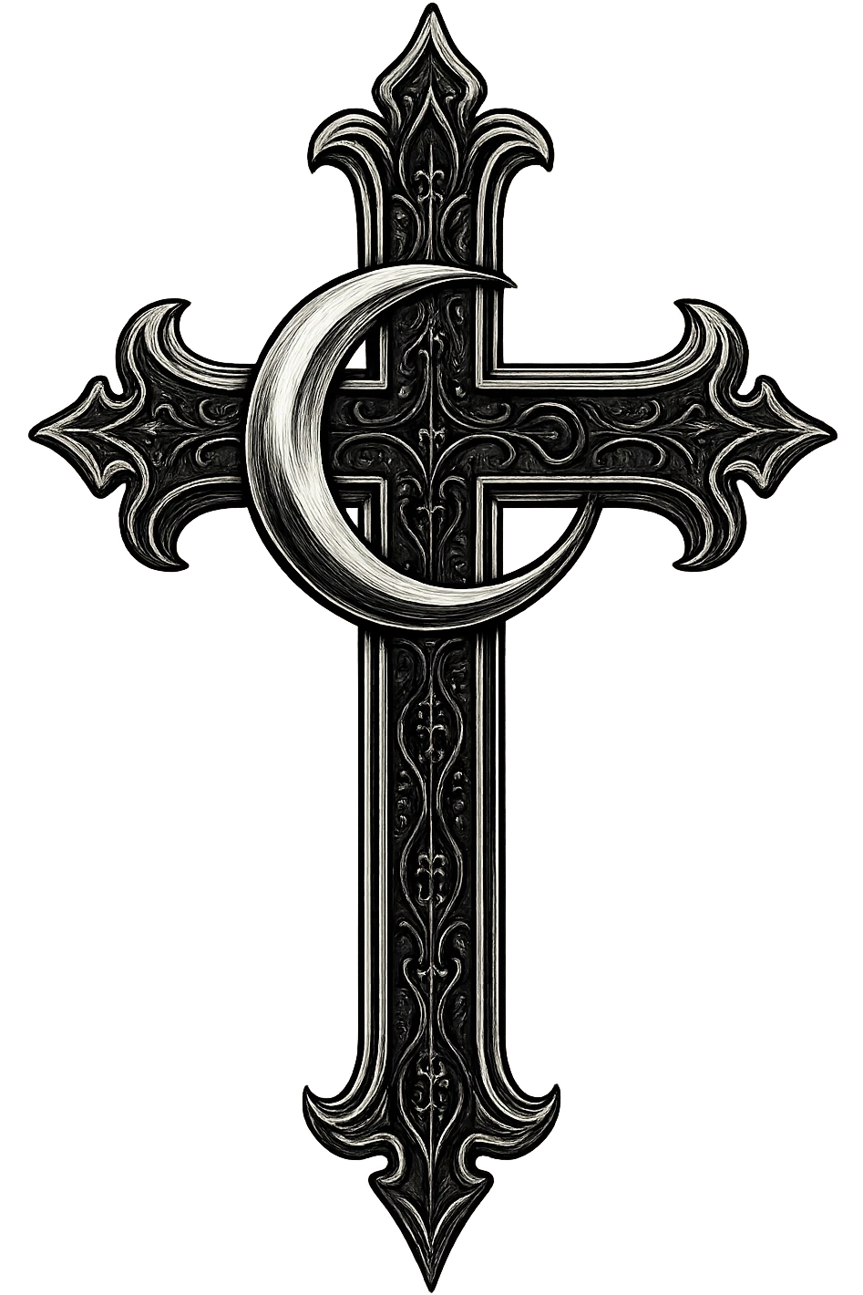 gothic style black and silver cross with a crescent moon emoji