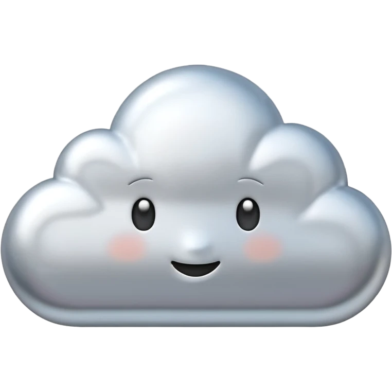 A cute cloud emoji made of silver chrome, smooth rounded shape, glossy metallic surface, soft reflections, minimal and friendly design, iOS emoji style, centered, clean white background, soft lighting emoji
