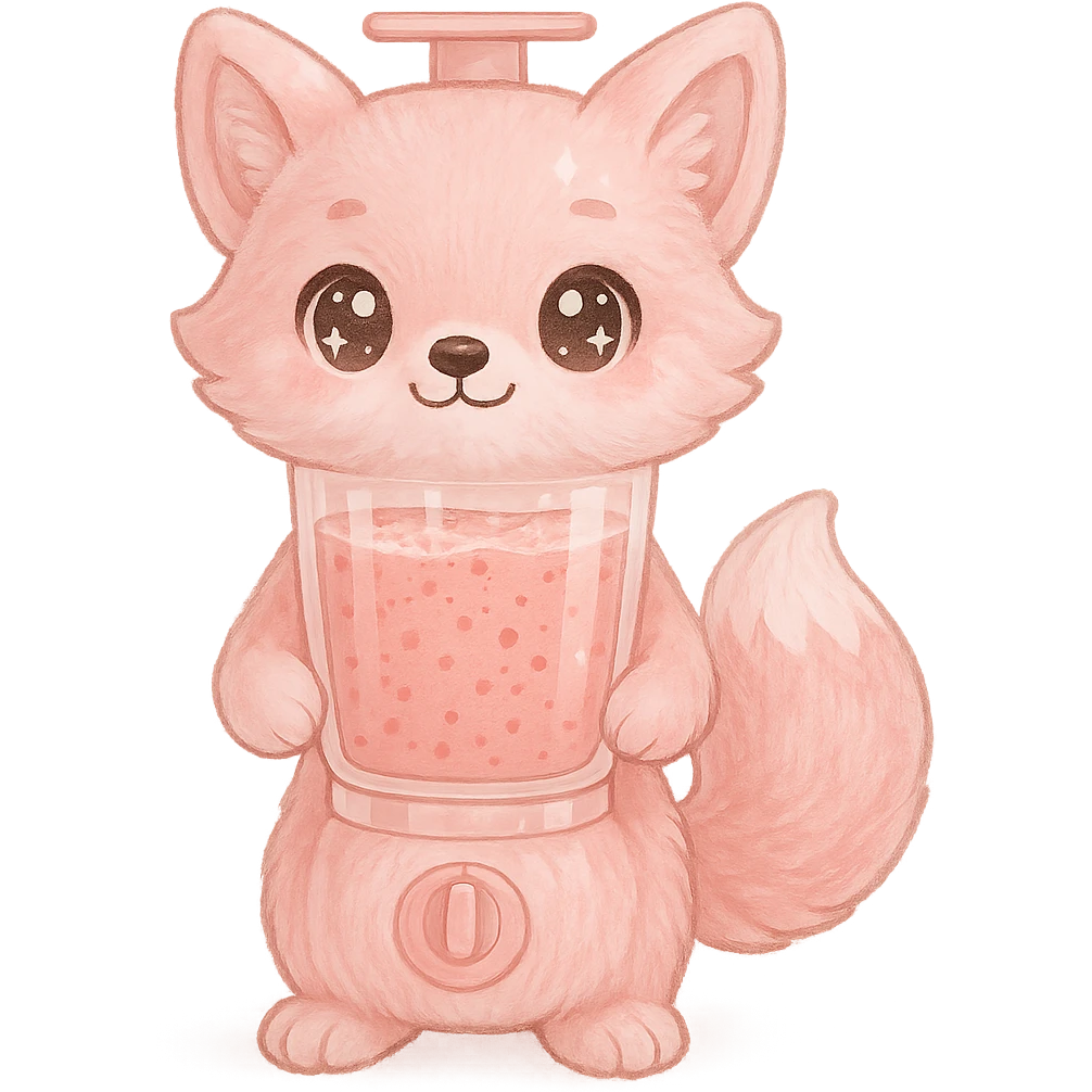 Enhance the image to high quality, keeping it as a full-body soft kawaii fluffy fox blender with a transparent body showing a fruity smoothie inside, sparkling eyes, pastel pink colors, and a transparent background. Maintain the soft kawaii style and fluffy texture with a clear transparent effect on the body to show the smoothie inside. The eyes should sparkle with charm and the overall look should be pastel pink and adorable. emoji