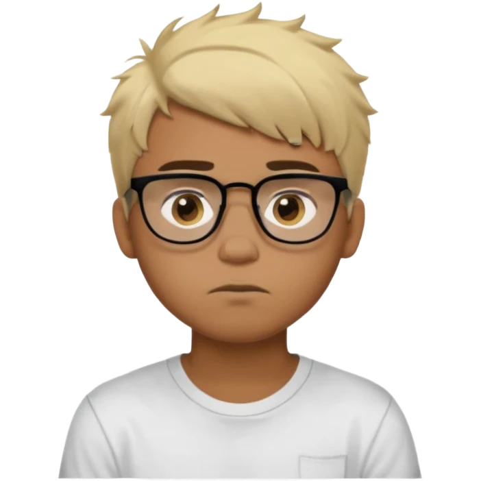 Teenager. Short buzz, messy blonde hair. Dark brown bushy eyebrows large expressive golden-brown eyes, brown skin color, scar over nose, wearing a plain white t-shirt. wearing clear thick black glasses. 20 year old male. thinking facial expression. brown skin color.  emoji