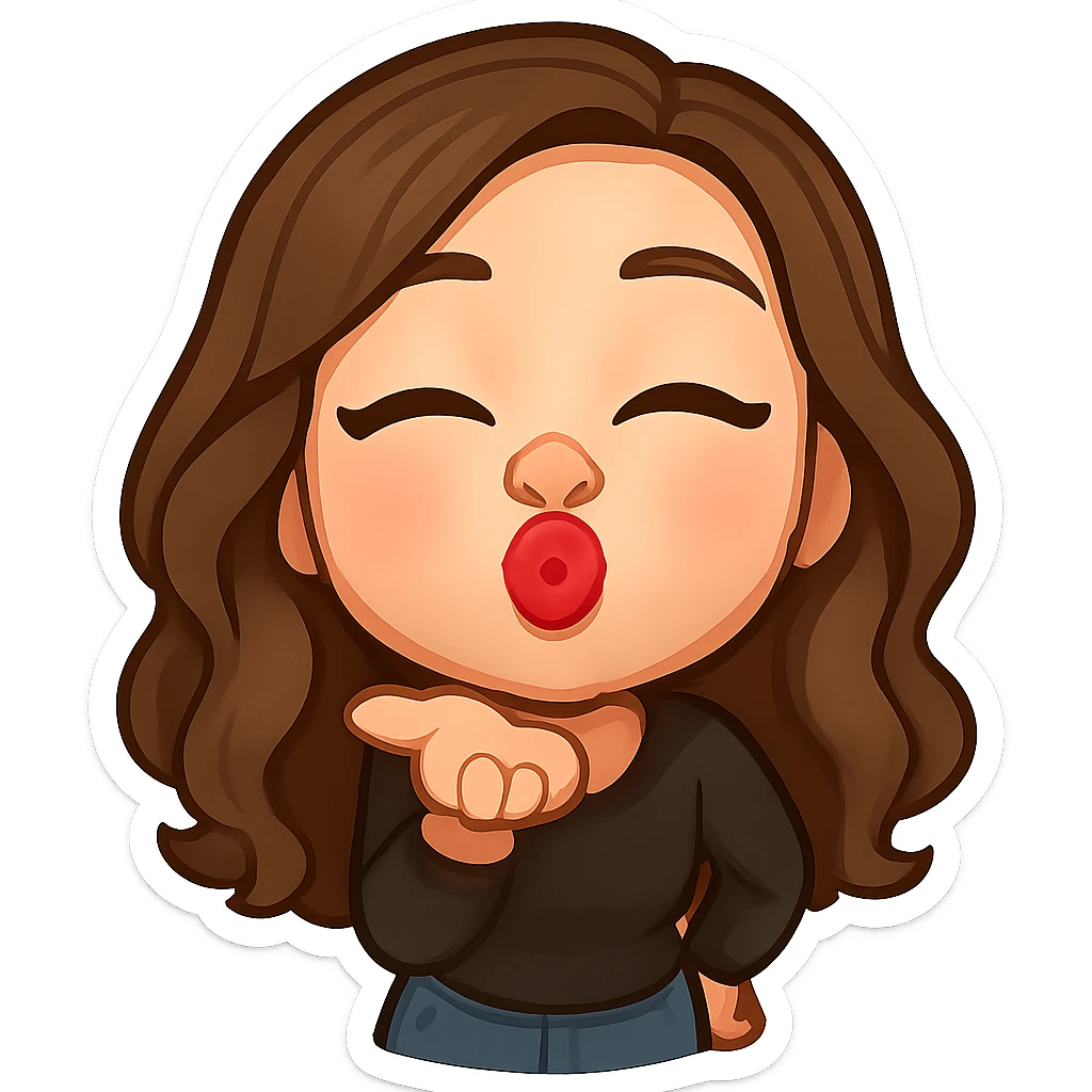 Create a 3D chibi bitmoji style sticker of the girl from the reference image, preserving the same face, hair, and style. She is kissing the viewer directly, with lips close to the screen as if kissing the camera. The sticker should have a white outline and a transparent background. emoji
