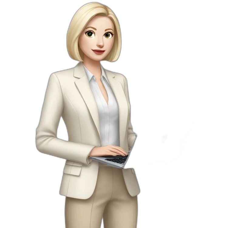 pale skin woman with ash blonde Straightened bob Hair, White Spacious classical jacket, beige palazzo Arrow pants and gray blouse holding a MacBook in the hands emoji