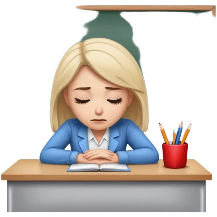 Exhausted female teacher with head down on classroom desk emoji