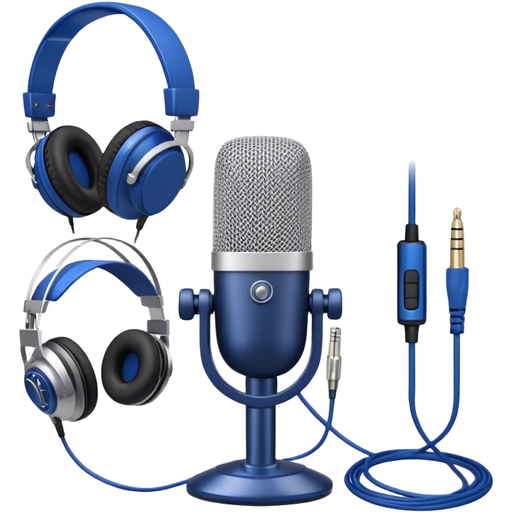 Create a sleek and professional emoji that represents voice acting and dubbing equipment. The design should feature a high-quality microphone, a sound mixer or audio interface, and headphones to symbolize the recording and technical process. Include elements like a soundproof booth or audio cables to reflect the studio environment. Use a modern, clean design with colors like silver, black, and dark blue to represent the professional side of voice acting. The background should be transparent. emoji