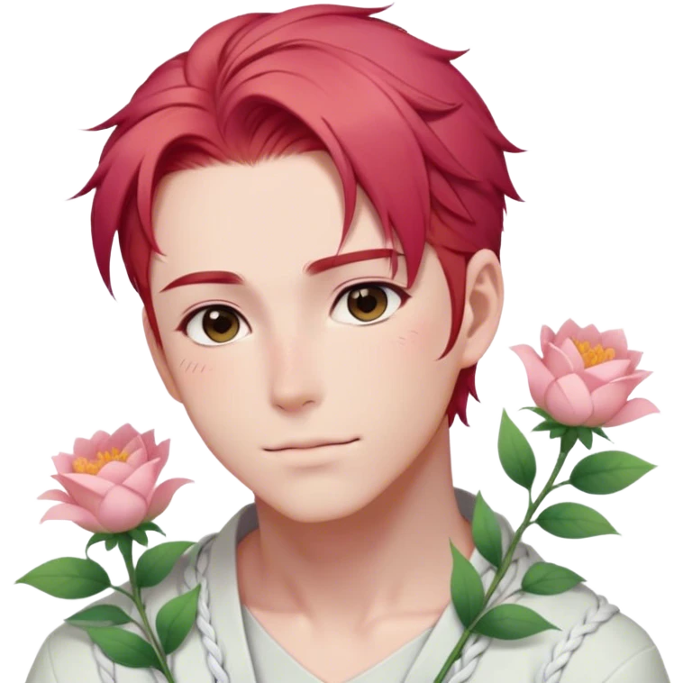 Gorgeous pastel red hair with a thin braid on the side anime style handsome sexy gojo guy with blushing face and flowers aesthetic trending style outside emoji