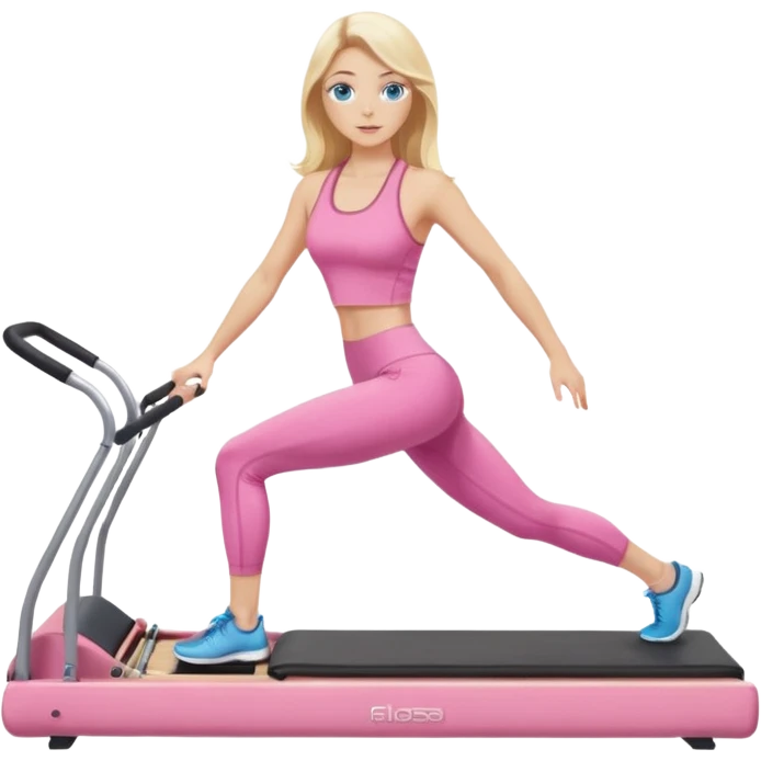  long blown out blonde hair woman blue eyes wearing pink workout set doing pilates reformer emoji
