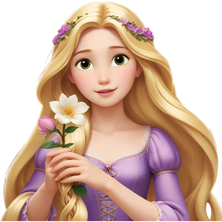 Cinematic Realistic Rapunzel Portrait, with porcelain-like skin featuring a subtle, natural glow, illuminated by soft lighting that brings out the gentle contours of her face. Her long, golden blonde hair cascades in detailed waves, each strand highlighted with a radiant shimmer as it catches the light. She playfully holds a flower in one hand, her other hand resting casually in her lap, with a warm and spirited expression. Her bright, expressive green eyes exude curiosity and warmth, framed by delicate lashes and soft, arched brows. She is dressed in her classic lavender and pink gown, the fabric textured with delicate folds that flow naturally, catching the light with a soft, radiant glow. The portrait captures a luminous, enchanting aura, seamlessly blending realism with a whimsical, fairytale charm, evoking a timeless sense of beauty and magic. emoji