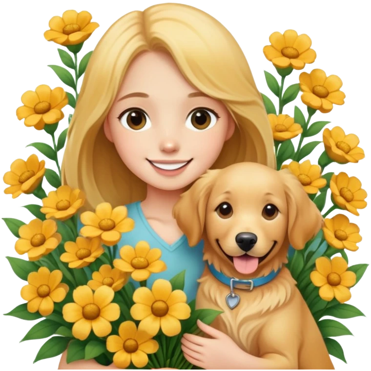 A girl is holding a golden retriever in the flowers emoji