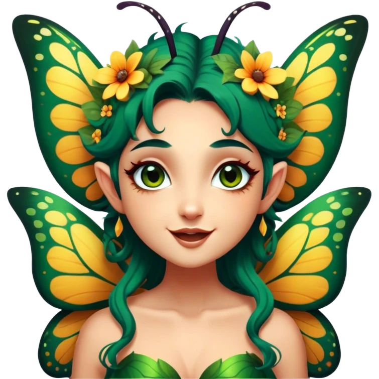 Cinematic Realistic Forest Fairy Portrait, head tilted dramatically with an exaggeratedly amused expression, featuring a striking, nature-infused form with glowing, sun-kissed tanned skin and vividly detailed dark green hair adorned with floral accents. Her expressive eyes brim with playful forest mischief, rendered with vibrant, lifelike textures and dynamic dappled lighting that conveys a spirited, over‐the‐top woodland whimsy showing her large butterfly wings from her back. emoji
