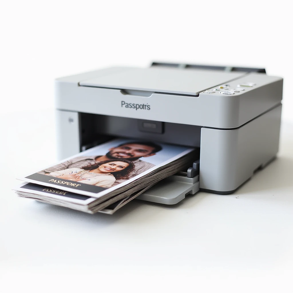 realistic thumbnail image for a passport size photo print out service, showing a printer outputting multiple passport size photos, with a stack of printed passport photos in the foreground, on a clean white background emoji