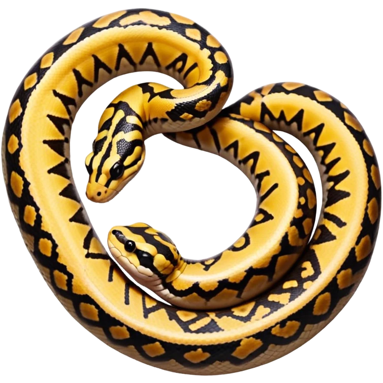 A photo-realistic top-down view of a Ball Python gently coiled into a tight spiral, with its head resting peacefully at the center. Its scales are warm brown with bold, irregular black markings, including the distinctive “alien-head” pattern, flowing smoothly along its body.  emoji