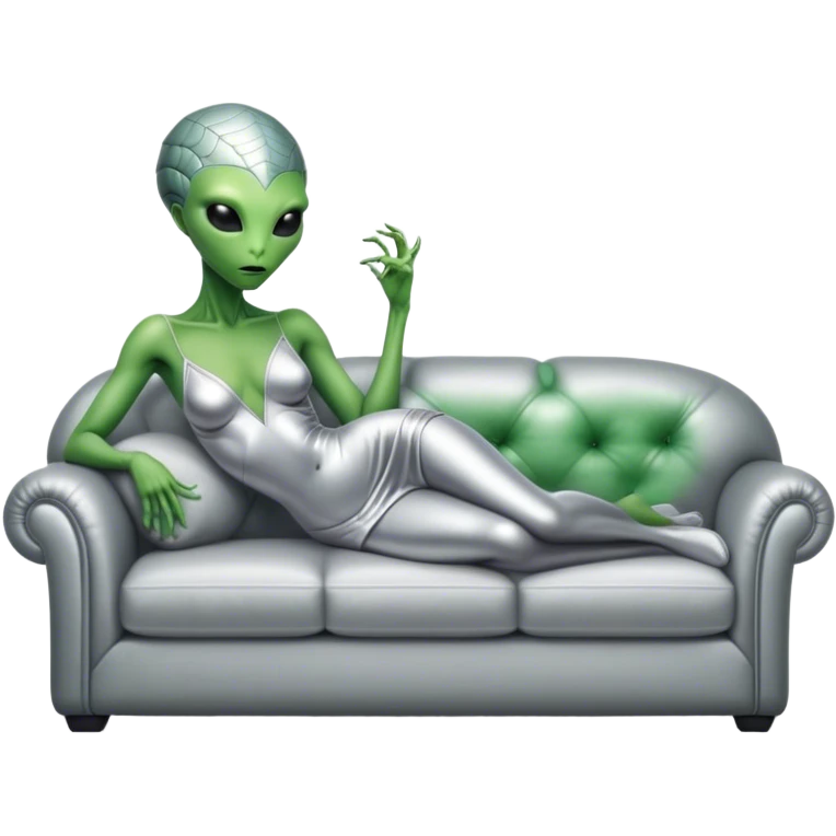 a reptilian green alien woman, in silver dress, lie on couch comfy, full figure emoji