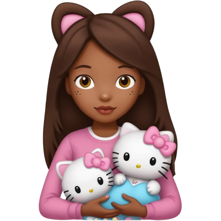black girl with long brown hair, holding a hello kitty plushie  emoji