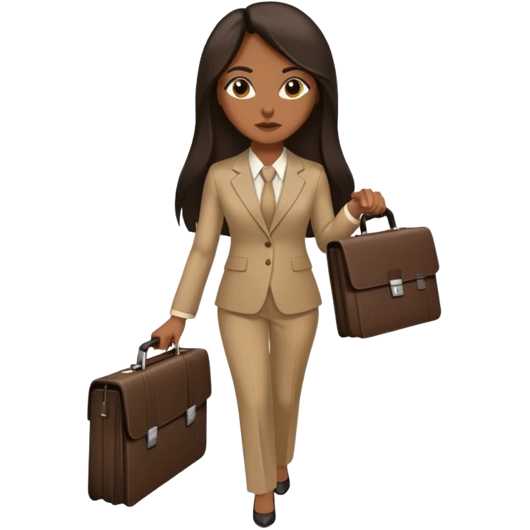 dark brown woman with dark brown long length straight hair in an executive tan suit carrying one briefcase emoji