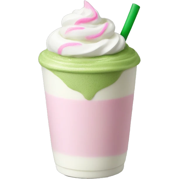 Matcha latte with pink whipped cream emoji