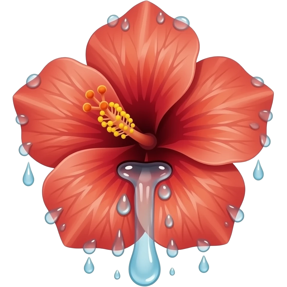 Hibiscus avec une bouche et des yeux et plusieurs goutes d'eau sortant de lui emoji