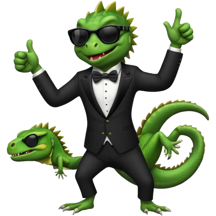 capitalist iguana banker in tuxedo and black sunglasses dancing crazy thumb up emoji