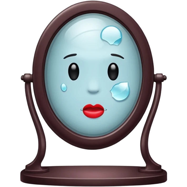 Minimalist emoji-style sticker of a vanity mirror with dim bulbs and cracked glass, words “Am I real yet?” smeared in dusty lipstick tone


 emoji
