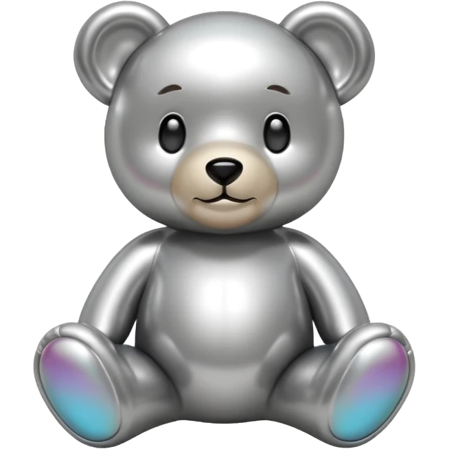 A cute teddy bear emoji made of liquid silver chrome, smooth rounded body, glossy metallic surface, soft reflections, friendly proportions, iOS emoji style, centered, clean white background emoji