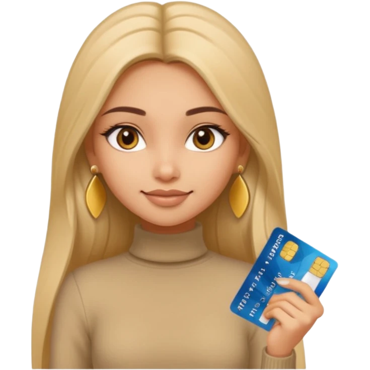 a pretty bratz fair indian girl wearing a beige turtleneck, golden earrings, straight ling hair, holding bank cards emoji