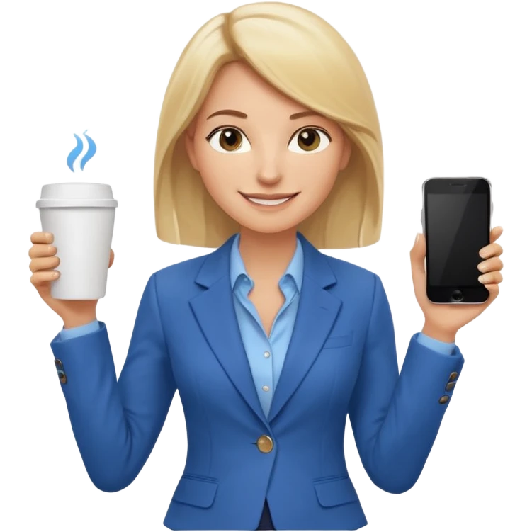 Confident and outgoing female entrepreneur, Caucasian features, shoulder-length blonde hair, big friendly smile, expressive eyes, wearing a blue blazer over a light blue blouse, holding a smartphone in one hand and a coffee cup in the other, waist-up, front-facing emoji