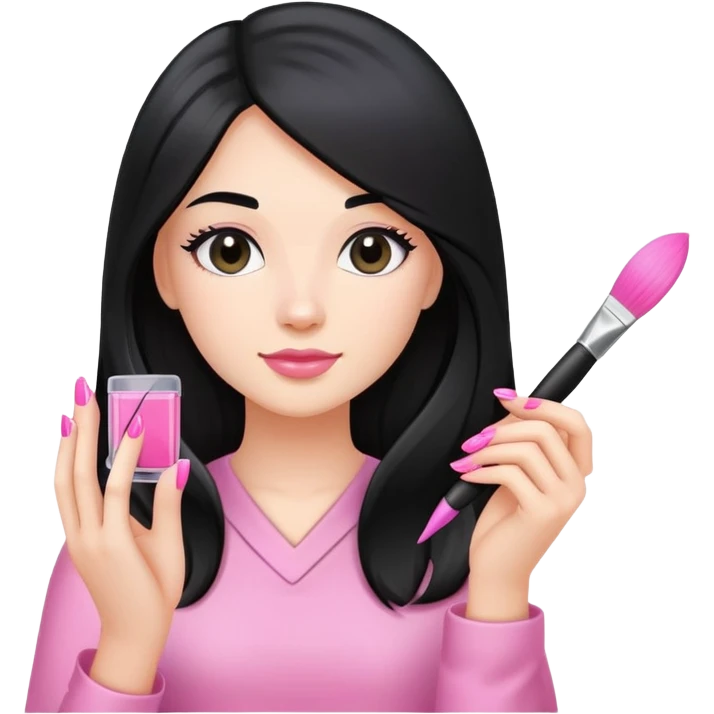 Pink Nail Tech with black long hair holding small acrylic brush emoji