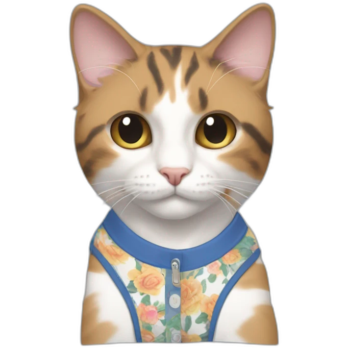 Purradise Meowscles is a buff calico cat  he has a mullet, a floral designed t shirt that is unbuttoned and blue and white stripped shorts emoji