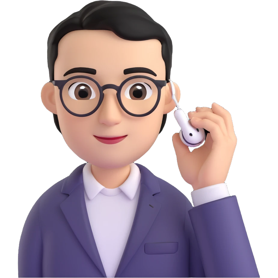 Memoji-style 3D cartoon male avatar, light skin, short black hair, parted slightly, large black eyes, thin arched eyebrows, small sharp nose, smiling, round glasses, silver AirPods Max, black blazer, white T-shirt, relaxed and smart, curious and attentive, podcast host emoji