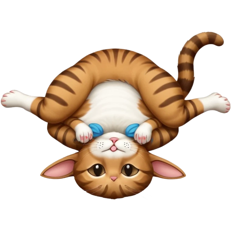 dark brown tabby and white cat in funny positions upside down with eyes closed emoji