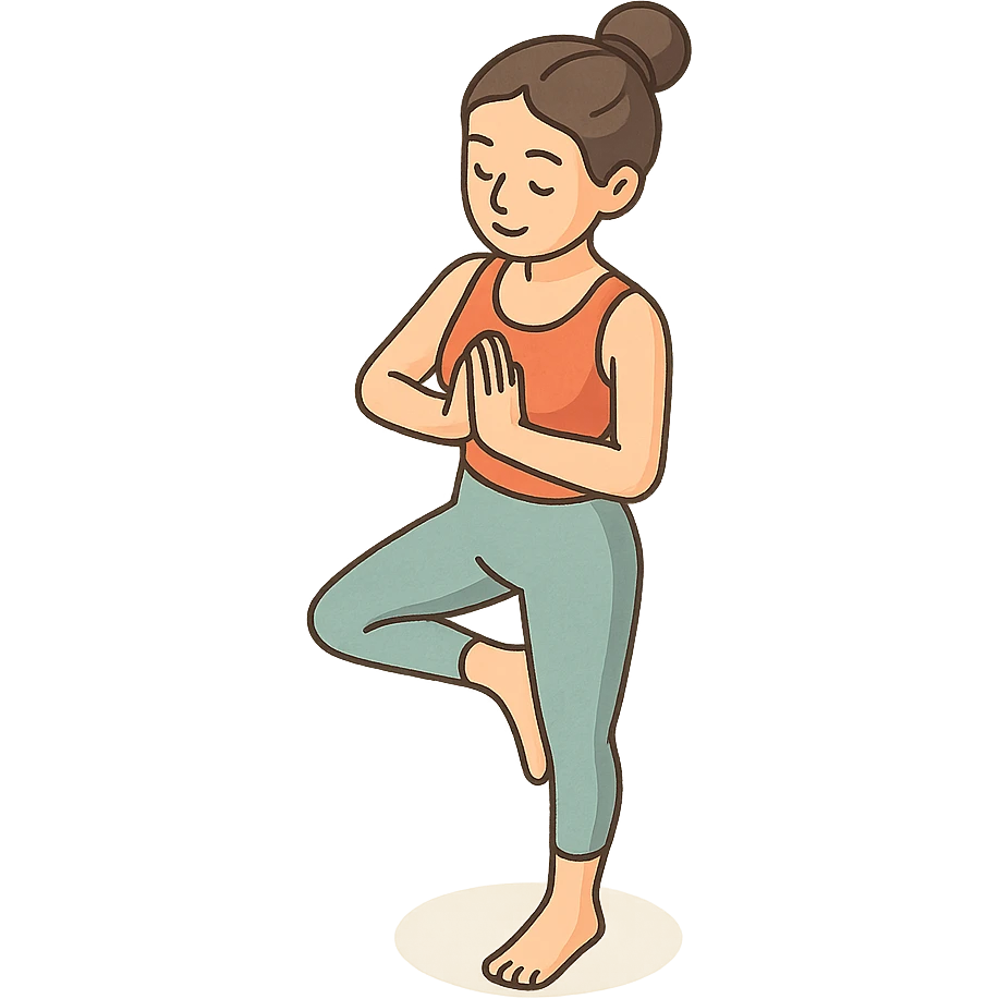 girl in cute yoga outfit performing tree pose (Vrikshasana), 2D isometric style, very detailed drawing, shadows and highlights, clean contours, soft lighting, transparent background emoji