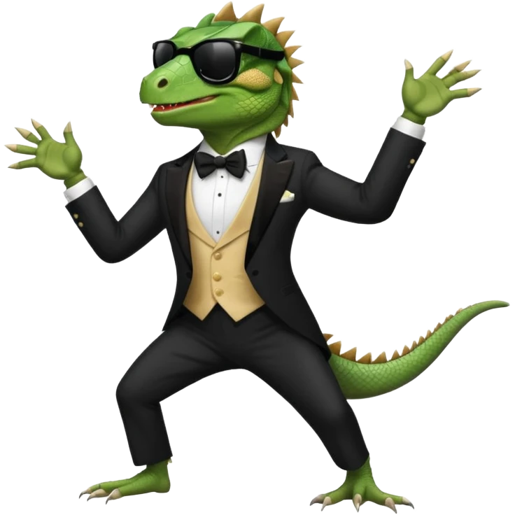 capitalist iguana in tuxedo with black sunglasses dancing emoji