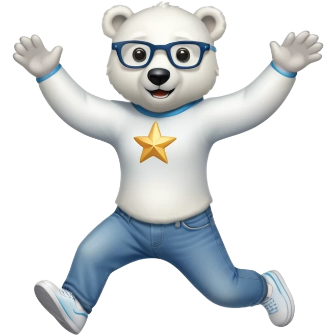 friendly anthropomorphised polar bear jumping and looking excited, wearing a shirt, jeans, trainers, star-shaped glasses emoji