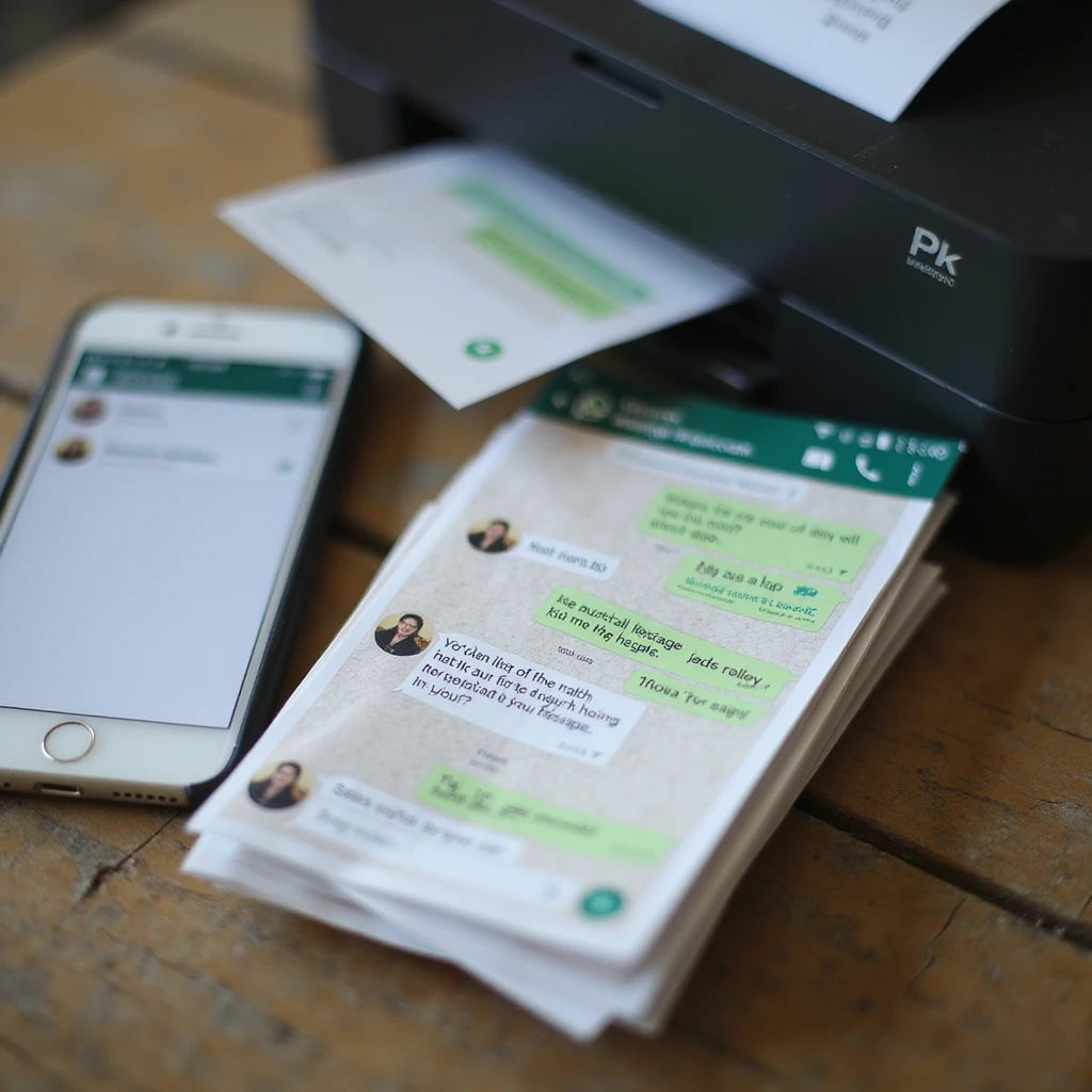 realistic thumbnail image for a WhatsApp print out service, showing a stack of printed WhatsApp chat messages next to a smartphone, with a printer in the background emoji
