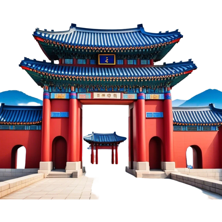 ​Cinematic Realistic Gwanghwamun Gate, depicted as a majestic historic gateway with traditional Korean architectural details, vibrant red and blue accents, and intricate carvings, set against a backdrop of modern Seoul under dynamic, natural lighting that highlights its timeless grandeur, emoji